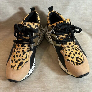 STEVE MADDEN Sz 7 Cliff Animal Print Cow Hair Lace Up Gold  Accent Sneakers